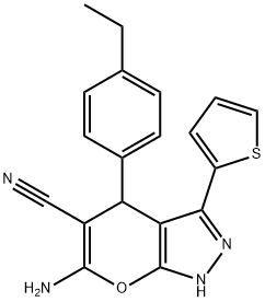 6-amino-4-(4-ethylphenyl)-3-(2-thienyl)-1,4-dihydropyrano[2,3-c]pyrazole-5-carbonitrile Struktur