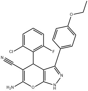 6-amino-4-(2-chloro-6-fluorophenyl)-3-(4-ethoxyphenyl)-1,4-dihydropyrano[2,3-c]pyrazole-5-carbonitrile Struktur