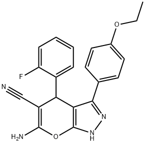 6-amino-3-(4-ethoxyphenyl)-4-(2-fluorophenyl)-1,4-dihydropyrano[2,3-c]pyrazole-5-carbonitrile Struktur