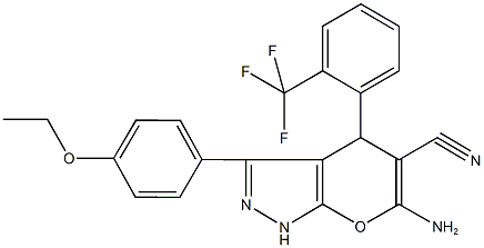 6-amino-3-(4-ethoxyphenyl)-4-[2-(trifluoromethyl)phenyl]-1,4-dihydropyrano[2,3-c]pyrazole-5-carbonitrile Struktur