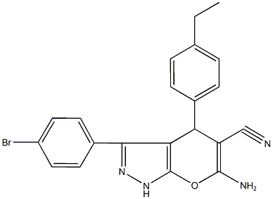 6-amino-3-(4-bromophenyl)-4-(4-ethylphenyl)-1,4-dihydropyrano[2,3-c]pyrazole-5-carbonitrile Struktur