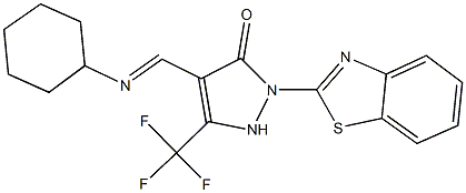 2-(1,3-benzothiazol-2-yl)-4-[(cyclohexylimino)methyl]-5-(trifluoromethyl)-1,2-dihydro-3H-pyrazol-3-one Struktur