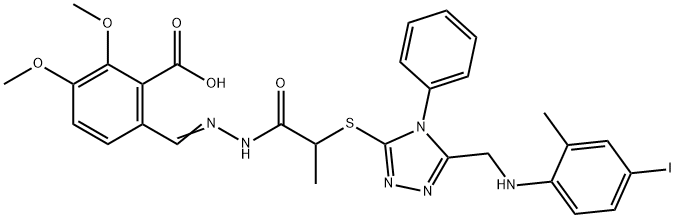 6-{2-[2-({5-[(4-iodo-2-methylanilino)methyl]-4-phenyl-4H-1,2,4-triazol-3-yl}sulfanyl)propanoyl]carbohydrazonoyl}-2,3-dimethoxybenzoic acid Struktur