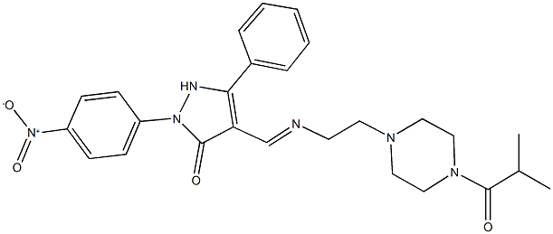 2-{4-nitrophenyl}-4-({[2-(4-isobutyryl-1-piperazinyl)ethyl]imino}methyl)-5-phenyl-1,2-dihydro-3H-pyrazol-3-one Struktur