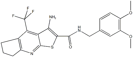 3-amino-N-(3,4-dimethoxybenzyl)-4-(trifluoromethyl)-6,7-dihydro-5H-cyclopenta[b]thieno[3,2-e]pyridine-2-carboxamide Struktur