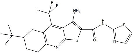 3-amino-6-(tert-butyl)-N-(1,3-thiazol-2-yl)-4-(trifluoromethyl)-5,6,7,8-tetrahydrothieno[2,3-b]quinoline-2-carboxamide Struktur