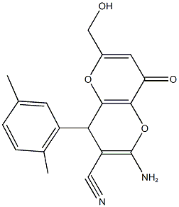 2-amino-4-(2,5-dimethylphenyl)-6-(hydroxymethyl)-8-oxo-4,8-dihydropyrano[3,2-b]pyran-3-carbonitrile Struktur