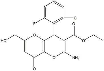 ethyl 2-amino-4-(2-chloro-6-fluorophenyl)-6-(hydroxymethyl)-8-oxo-4,8-dihydropyrano[3,2-b]pyran-3-carboxylate Struktur