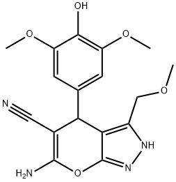 6-amino-4-(4-hydroxy-3,5-dimethoxyphenyl)-3-(methoxymethyl)-2,4-dihydropyrano[2,3-c]pyrazole-5-carbonitrile Struktur