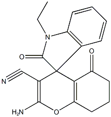 2-amino-5-oxo-5,6,7,8-tetrahydro-4H-chromene-3-carbonitrile-4-spiro-3'-(1'-ethyl-1',3'-dihydro-2'H-indol-2'-one) Struktur