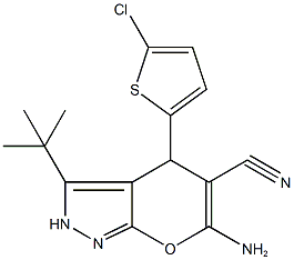 6-amino-3-tert-butyl-4-(5-chloro-2-thienyl)-2,4-dihydropyrano[2,3-c]pyrazole-5-carbonitrile Struktur