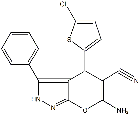 6-amino-4-(5-chloro-2-thienyl)-3-phenyl-2,4-dihydropyrano[2,3-c]pyrazole-5-carbonitrile Struktur