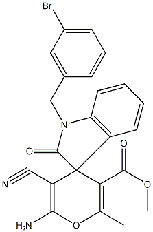 methyl 6-amino-1'-(3-bromobenzyl)-5-cyano-1',3'-dihydro-2-methyl-2'-oxospiro[4H-pyran-4,3'-(2'H)-indole]-3-carboxylate Struktur