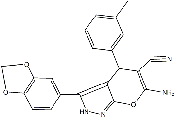 6-amino-3-(1,3-benzodioxol-5-yl)-4-(3-methylphenyl)-2,4-dihydropyrano[2,3-c]pyrazole-5-carbonitrile Struktur