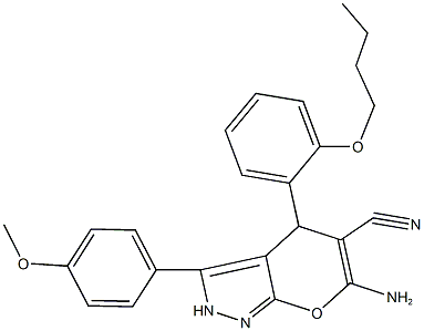 6-amino-4-(2-butoxyphenyl)-3-(4-methoxyphenyl)-2,4-dihydropyrano[2,3-c]pyrazole-5-carbonitrile Struktur