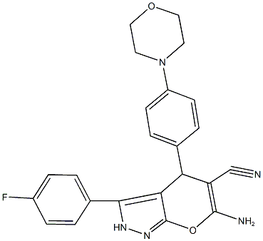 6-amino-3-(4-fluorophenyl)-4-[4-(4-morpholinyl)phenyl]-2,4-dihydropyrano[2,3-c]pyrazole-5-carbonitrile Struktur