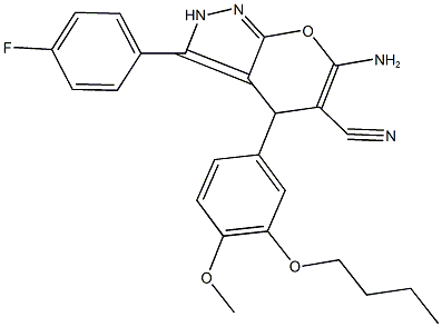 6-amino-4-(3-butoxy-4-methoxyphenyl)-3-(4-fluorophenyl)-2,4-dihydropyrano[2,3-c]pyrazole-5-carbonitrile Struktur