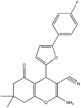 2-amino-4-[5-(4-fluorophenyl)-2-furyl]-7,7-dimethyl-5-oxo-5,6,7,8-tetrahydro-4H-chromene-3-carbonitrile Struktur