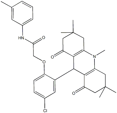 2-[4-chloro-2-(3,3,6,6,10-pentamethyl-1,8-dioxo-1,2,3,4,5,6,7,8,9,10-decahydro-9-acridinyl)phenoxy]-N-(3-methylphenyl)acetamide Struktur