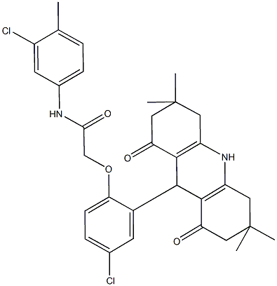 N-(3-chloro-4-methylphenyl)-2-[4-chloro-2-(3,3,6,6-tetramethyl-1,8-dioxo-1,2,3,4,5,6,7,8,9,10-decahydro-9-acridinyl)phenoxy]acetamide Struktur