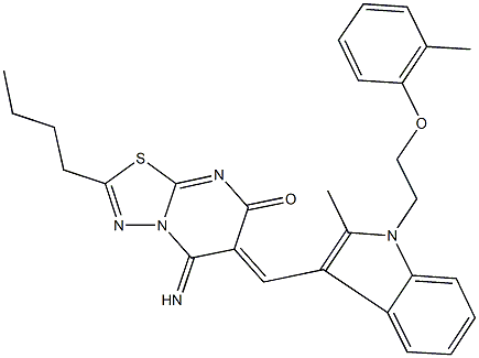 2-butyl-5-imino-6-({2-methyl-1-[2-(2-methylphenoxy)ethyl]-1H-indol-3-yl}methylene)-5,6-dihydro-7H-[1,3,4]thiadiazolo[3,2-a]pyrimidin-7-one Struktur