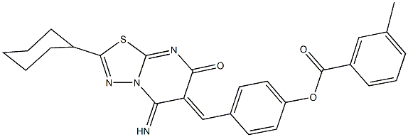 4-[(2-cyclohexyl-5-imino-7-oxo-5H-[1,3,4]thiadiazolo[3,2-a]pyrimidin-6(7H)-ylidene)methyl]phenyl 3-methylbenzoate Struktur