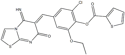 2-chloro-6-ethoxy-4-[(5-imino-7-oxo-5H-[1,3]thiazolo[3,2-a]pyrimidin-6(7H)-ylidene)methyl]phenyl 2-thiophenecarboxylate Struktur