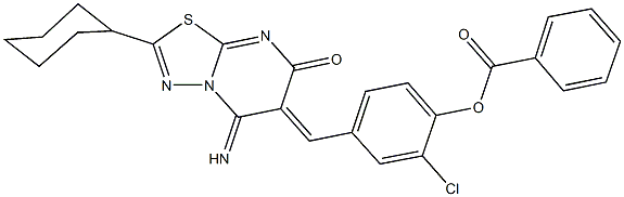 2-chloro-4-[(2-cyclohexyl-5-imino-7-oxo-5H-[1,3,4]thiadiazolo[3,2-a]pyrimidin-6(7H)-ylidene)methyl]phenyl benzoate Struktur