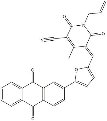 1-allyl-5-{[5-(9,10-dioxo-9,10-dihydro-2-anthracenyl)-2-furyl]methylene}-4-methyl-2,6-dioxo-1,2,5,6-tetrahydro-3-pyridinecarbonitrile Struktur