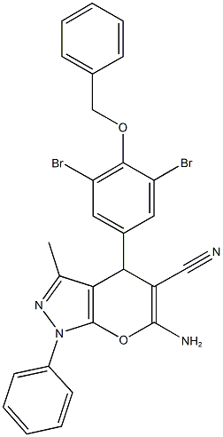 6-amino-4-[4-(benzyloxy)-3,5-dibromophenyl]-3-methyl-1-phenyl-1,4-dihydropyrano[2,3-c]pyrazole-5-carbonitrile Struktur