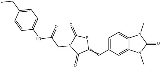 2-{5-[(1,3-dimethyl-2-oxo-2,3-dihydro-1H-benzimidazol-5-yl)methylene]-2,4-dioxo-1,3-thiazolidin-3-yl}-N-(4-ethylphenyl)acetamide Struktur