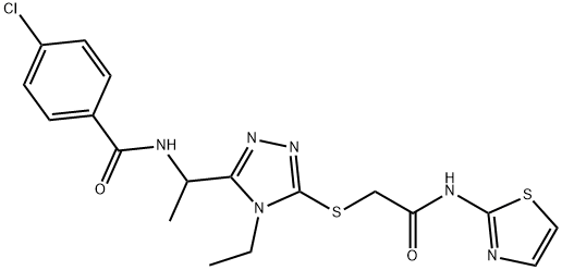 4-chloro-N-[1-(4-ethyl-5-{[2-oxo-2-(1,3-thiazol-2-ylamino)ethyl]sulfanyl}-4H-1,2,4-triazol-3-yl)ethyl]benzamide Struktur