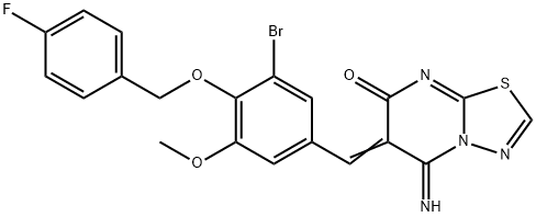 6-{3-bromo-4-[(4-fluorobenzyl)oxy]-5-methoxybenzylidene}-5-imino-5,6-dihydro-7H-[1,3,4]thiadiazolo[3,2-a]pyrimidin-7-one Struktur