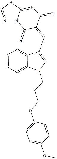 5-imino-6-({1-[3-(4-methoxyphenoxy)propyl]-1H-indol-3-yl}methylene)-5,6-dihydro-7H-[1,3,4]thiadiazolo[3,2-a]pyrimidin-7-one Struktur