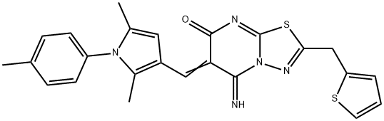 6-{[2,5-dimethyl-1-(4-methylphenyl)-1H-pyrrol-3-yl]methylene}-5-imino-2-(2-thienylmethyl)-5,6-dihydro-7H-[1,3,4]thiadiazolo[3,2-a]pyrimidin-7-one Struktur