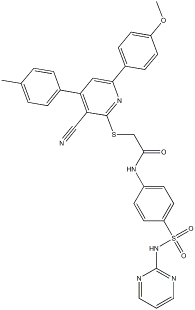 2-{[3-cyano-6-(4-methoxyphenyl)-4-(4-methylphenyl)-2-pyridinyl]sulfanyl}-N-{4-[(2-pyrimidinylamino)sulfonyl]phenyl}acetamide Struktur