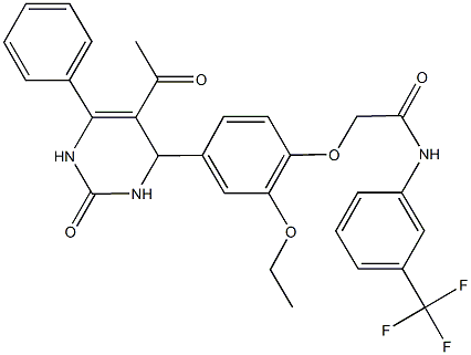 2-[4-(5-acetyl-2-oxo-6-phenyl-1,2,3,4-tetrahydro-4-pyrimidinyl)-2-ethoxyphenoxy]-N-[3-(trifluoromethyl)phenyl]acetamide Struktur