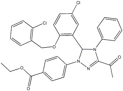 ethyl 4-(3-acetyl-5-{5-chloro-2-[(2-chlorobenzyl)oxy]phenyl}-4-phenyl-4,5-dihydro-1H-1,2,4-triazol-1-yl)benzoate Struktur