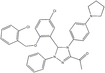 1-{5-{5-chloro-2-[(2-chlorobenzyl)oxy]phenyl}-1-phenyl-4-[4-(1-pyrrolidinyl)phenyl]-4,5-dihydro-1H-1,2,4-triazol-3-yl}ethanone Struktur