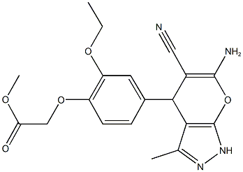 methyl [4-(6-amino-5-cyano-3-methyl-1,4-dihydropyrano[2,3-c]pyrazol-4-yl)-2-ethoxyphenoxy]acetate Struktur