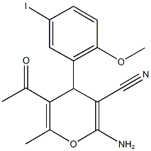 5-acetyl-2-amino-4-(5-iodo-2-methoxyphenyl)-6-methyl-4H-pyran-3-carbonitrile Struktur