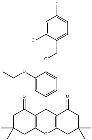 9-{4-[(2-chloro-4-fluorobenzyl)oxy]-3-ethoxyphenyl}-3,3,6,6-tetramethyl-3,4,5,6,7,9-hexahydro-1H-xanthene-1,8(2H)-dione Struktur