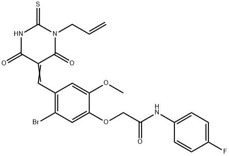 2-{4-[(1-allyl-4,6-dioxo-2-thioxotetrahydropyrimidin-5(2H)-ylidene)methyl]-5-bromo-2-methoxyphenoxy}-N-(4-fluorophenyl)acetamide Struktur