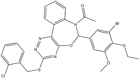 7-acetyl-6-(3-bromo-4-ethoxy-5-methoxyphenyl)-3-[(2-chlorobenzyl)sulfanyl]-6,7-dihydro[1,2,4]triazino[5,6-d][3,1]benzoxazepine Struktur