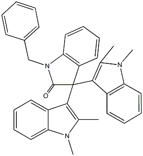 1-benzyl-1,3-dihydro-3,3-bis(1,2-dimethyl-1H-indol-3-yl)-2H-indol-2-one Struktur