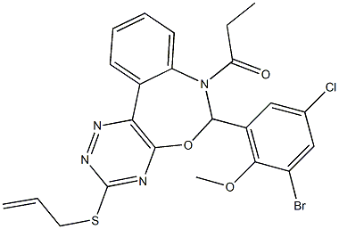 3-(allylsulfanyl)-6-(3-bromo-5-chloro-2-methoxyphenyl)-7-propionyl-6,7-dihydro[1,2,4]triazino[5,6-d][3,1]benzoxazepine Struktur