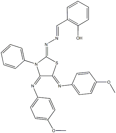 2-hydroxybenzaldehyde {4,5-bis[(4-methoxyphenyl)imino]-3-phenyl-1,3-thiazolidin-2-ylidene}hydrazone Struktur