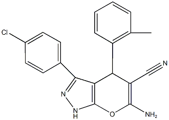 6-amino-3-(4-chlorophenyl)-4-(2-methylphenyl)-1,4-dihydropyrano[2,3-c]pyrazole-5-carbonitrile Struktur