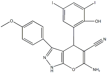 6-amino-4-(2-hydroxy-3,5-diiodophenyl)-3-(4-methoxyphenyl)-1,4-dihydropyrano[2,3-c]pyrazole-5-carbonitrile Struktur