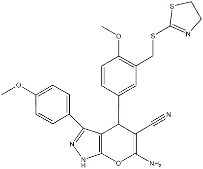 6-amino-4-{3-[(4,5-dihydro-1,3-thiazol-2-ylsulfanyl)methyl]-4-methoxyphenyl}-3-(4-methoxyphenyl)-1,4-dihydropyrano[2,3-c]pyrazole-5-carbonitrile Struktur